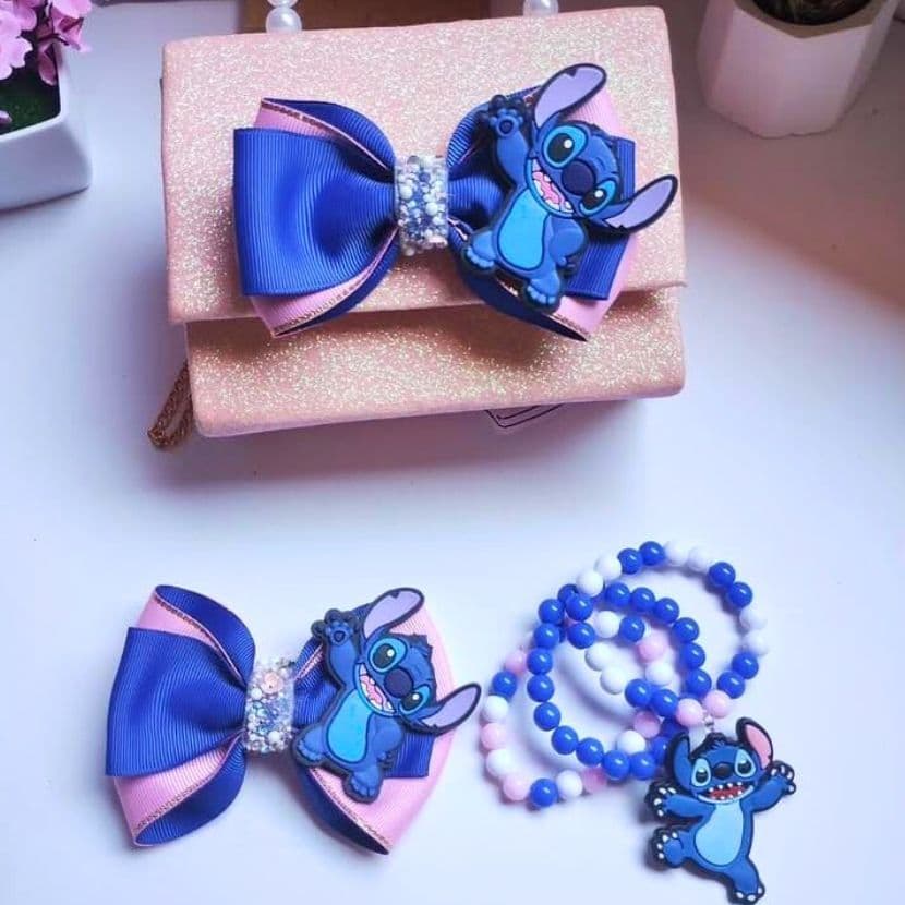 KIT LAÇOS DE CABELO INFANTIL MENINA LUXO COM  BOLSA ,PULSEIRA E BRINCO STITCH