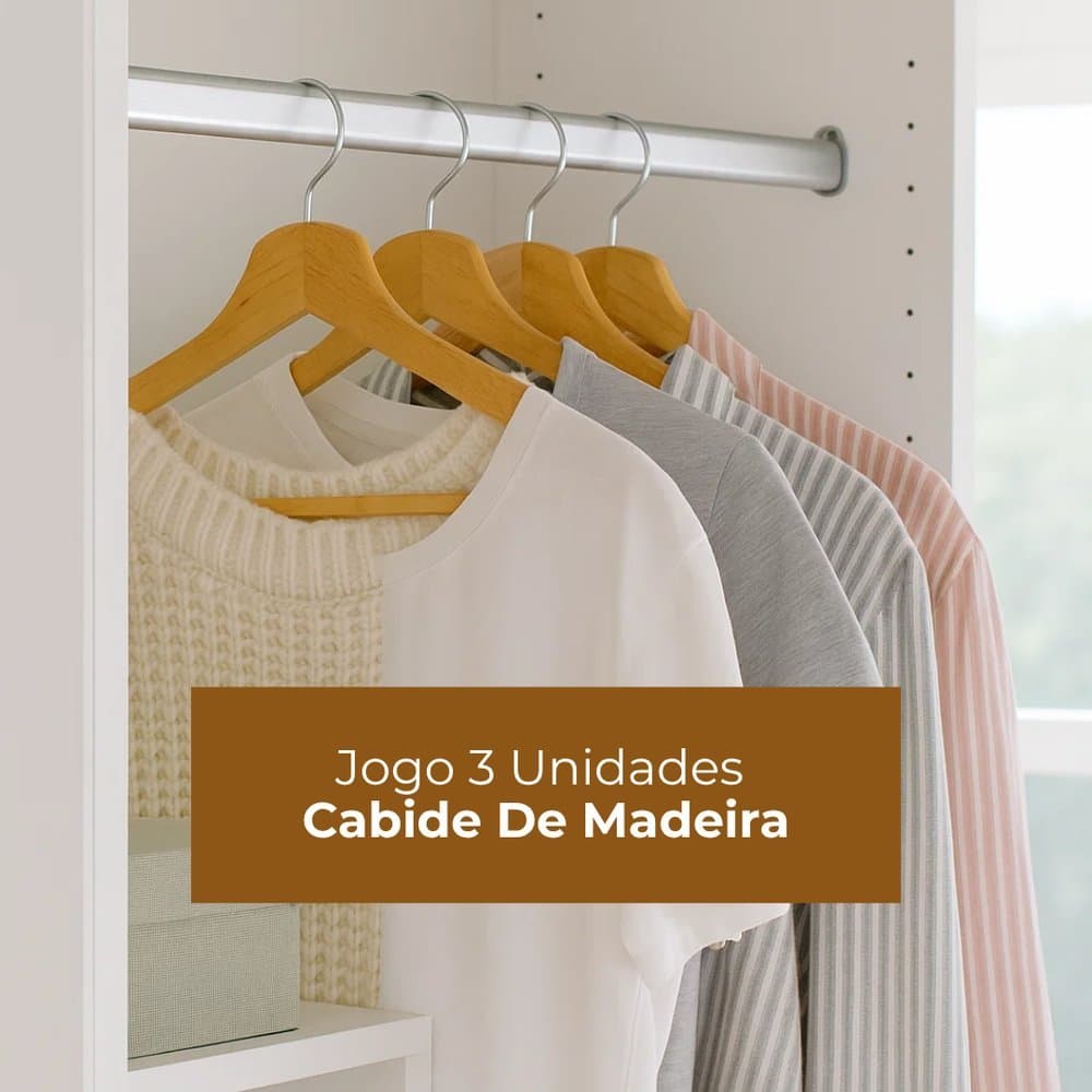 Kit 3 Cabides de Madeira Antiderrapante Reforçado Organizador Guarda Roupa Closet Premium Alta Qualidade Luxo Multiuso