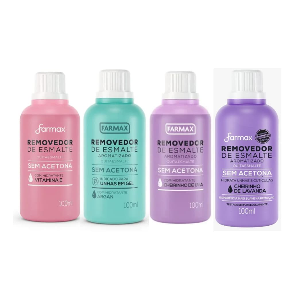 Removedor de Esmalte Sem Acetona Farmax 100ml Vit E, Uva, Argan e Lavanda