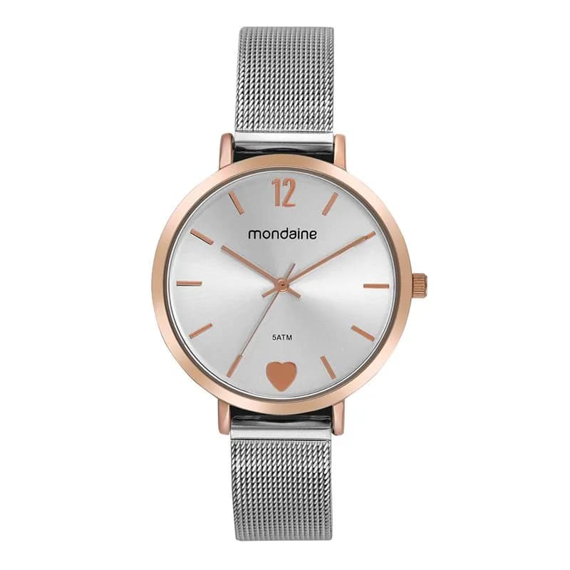 Relógio Mondaine Feminino Bicolor Aço Coração Rosé Prata