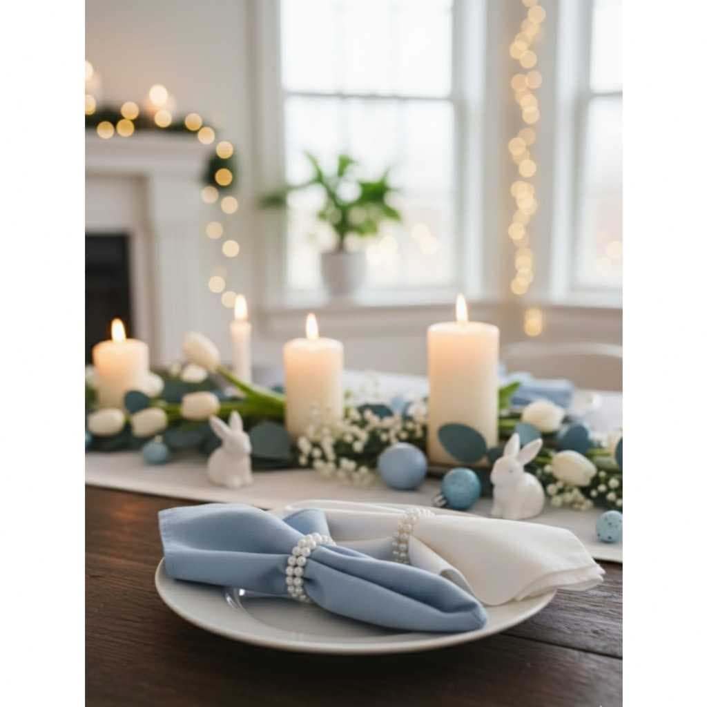 Kit Guardanapo Mesa Posta Páscoa Azul e Branco Com Argola Pérolas Jogo 4 ou 6 Peças Luxo Toque Macio Decoração Premium