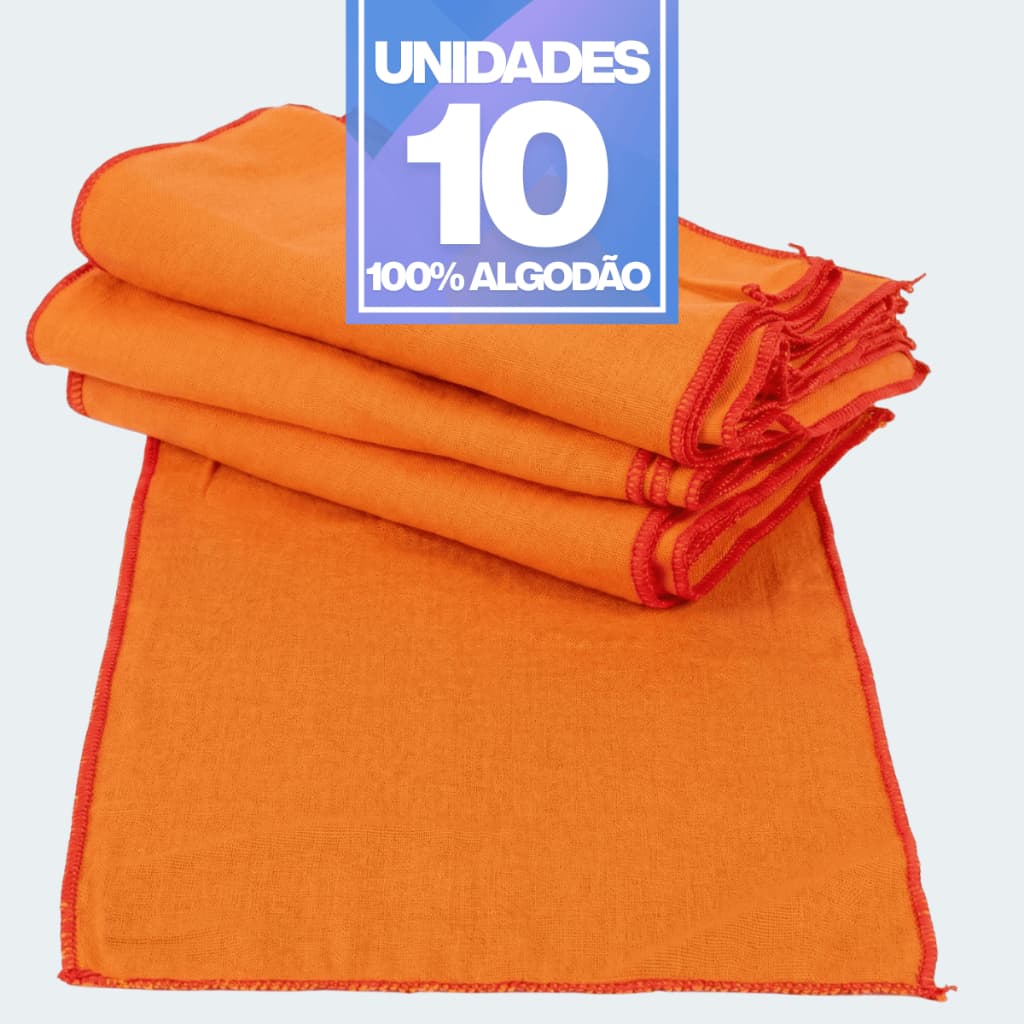 Lote 10 Flanelas Laranja 38x28cm em Algodão | Cantos com Overloque | Multiuso para Limpeza e Higienização