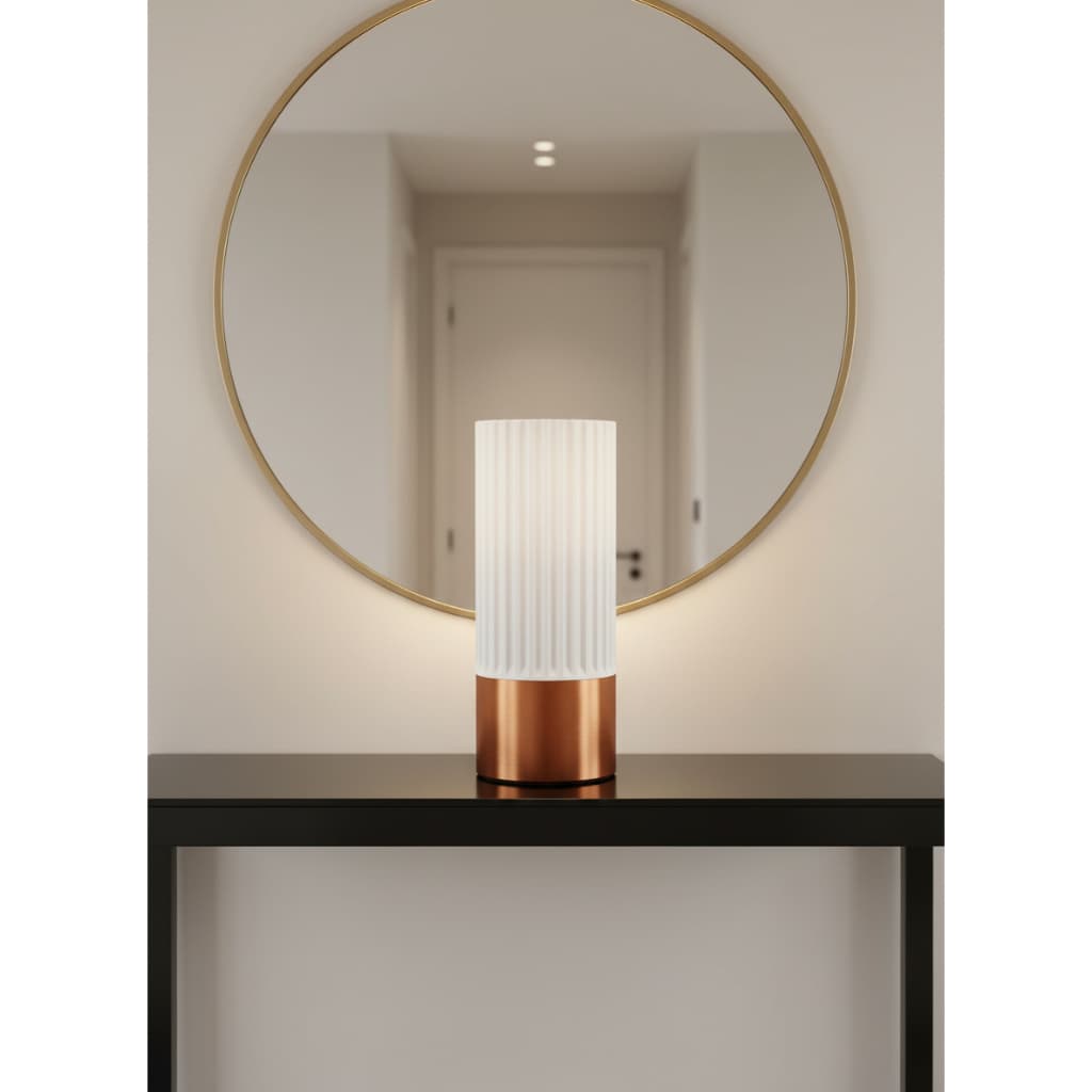 Abajur decorativo minimalista com textura vertical e base metálica para ambientes internos