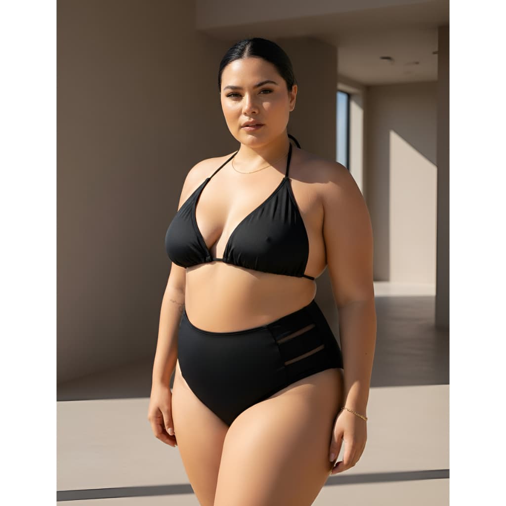 Biquíni Plus Size Feminino Cintura Alta Praia Cortininha Top Três Tiras