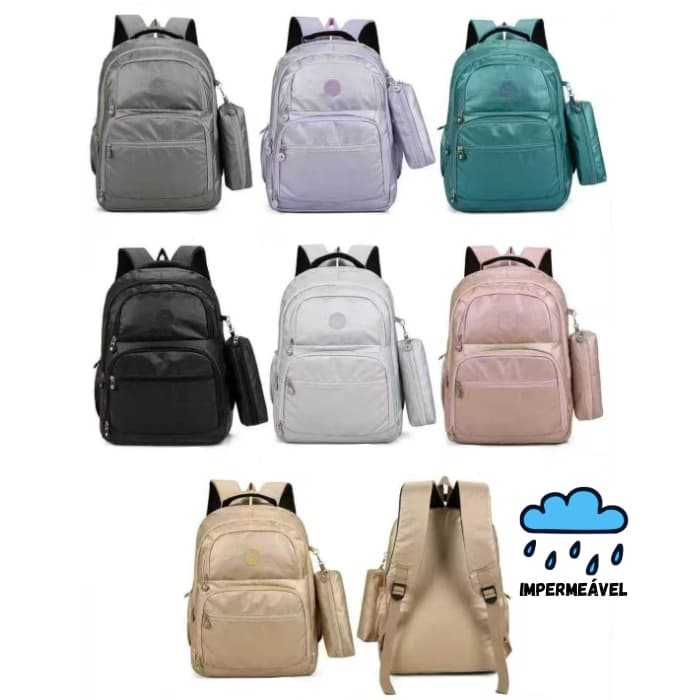 MOCHILA FEMININA GRANDE COR METALIZADA IMPERMEÁVEL COM ESTOJO ESCOLAR VÁRIAS CORES
