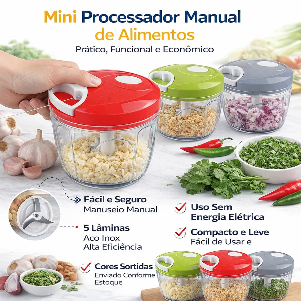 Mini Processador Triturador Picador Cortador  Alimentos manual Alho Cebola Temperos  5 Laminas
