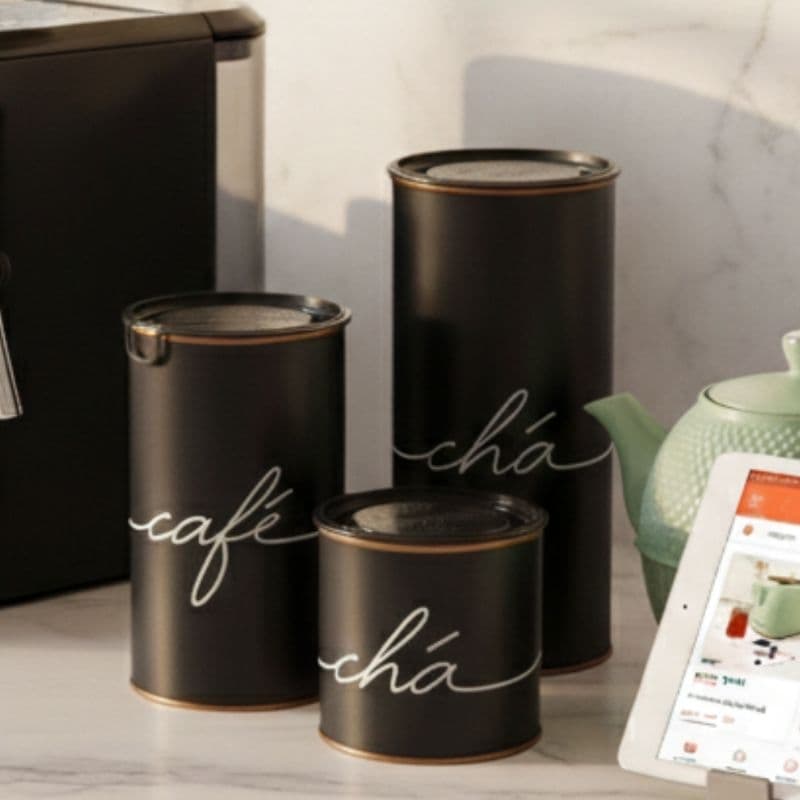 Conjunto com 3 latas Metálicas - Café, Chá e Açúcar