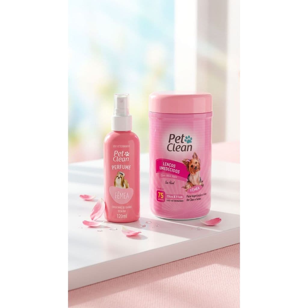 Kit Higiene para Cachorro Pet Clean Perfume Pet 120ml + Lenço Umedecido 75un Macho Fêmea Filhote Cães Pequeno Porte