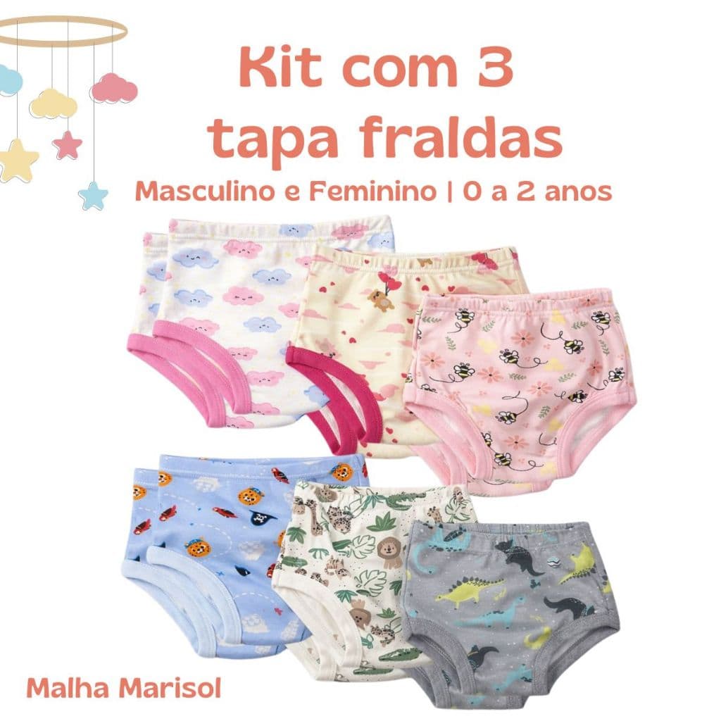 kit de Calcinha / Cueca / tapa fraldas infantis de algodão que estica para bebês até 2 anos
