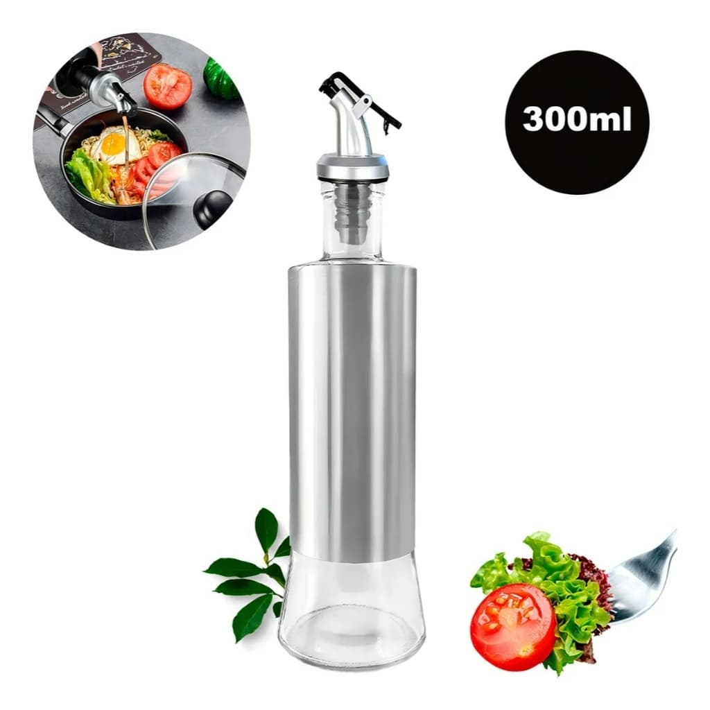 Dispenser de Azeite  Garrafa Vidro com Inox 300ml Dosador Antigotejamento Para Salada Azeite Vinagre