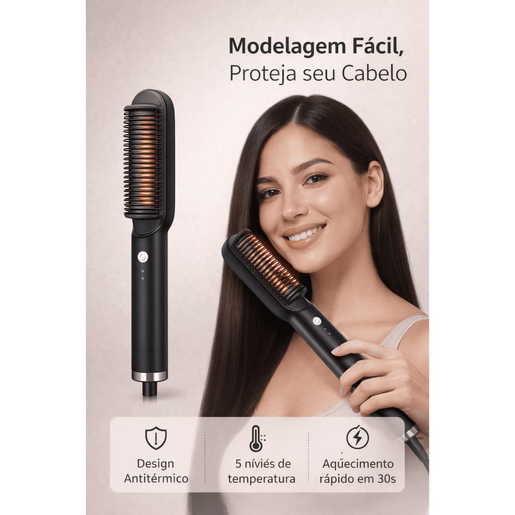 Escova Alisadora 5 em 1 Alisa, Hidrata, Modela, Alinha e Anti-Frizz Bivolt Profissional Ajuste de Temperatura