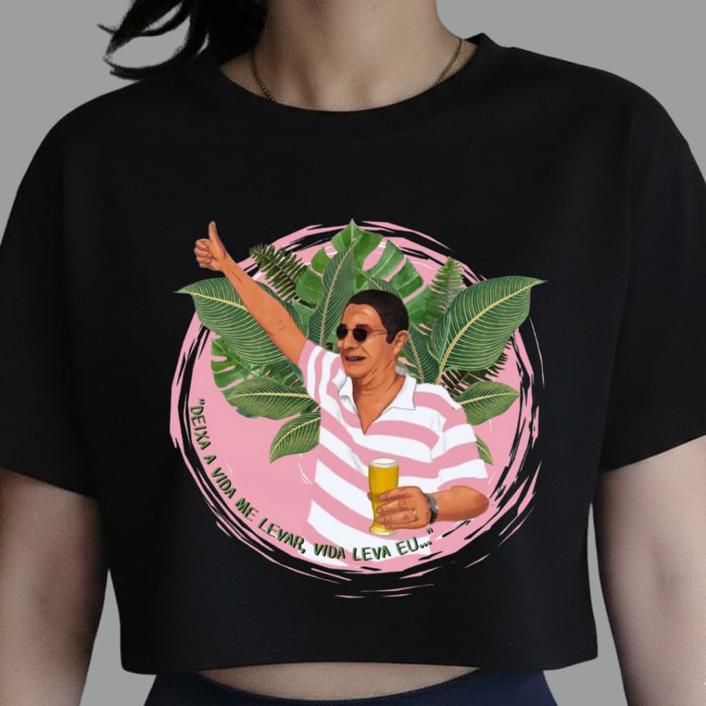 Cropped feminino zéca pagodinho, tecido macio e confortável. Ideal para o dia a dia, combina com jeans, shorts e saias.