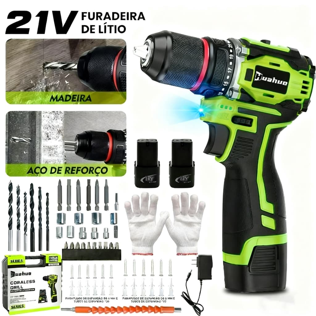 Kit de parafusadeira ferramentas de perfuração de íons de lítio com 119 acessórios e 2 de baterias