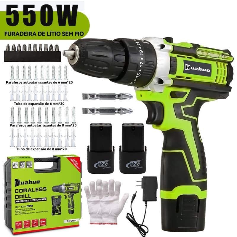 Parafusadeira Furadeira 550W 2 Baterias Sem Fio Impacto Com Maleta Completo Broca Bits Maleta Vonder