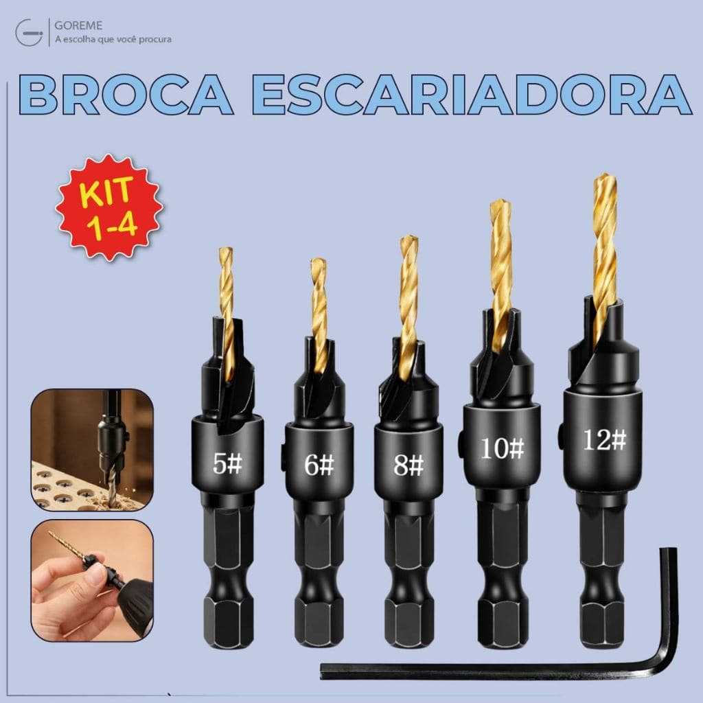 Jogo Broca Escariadora para Madeira com Escaneadores Ajustáveis Alta Durabilidade