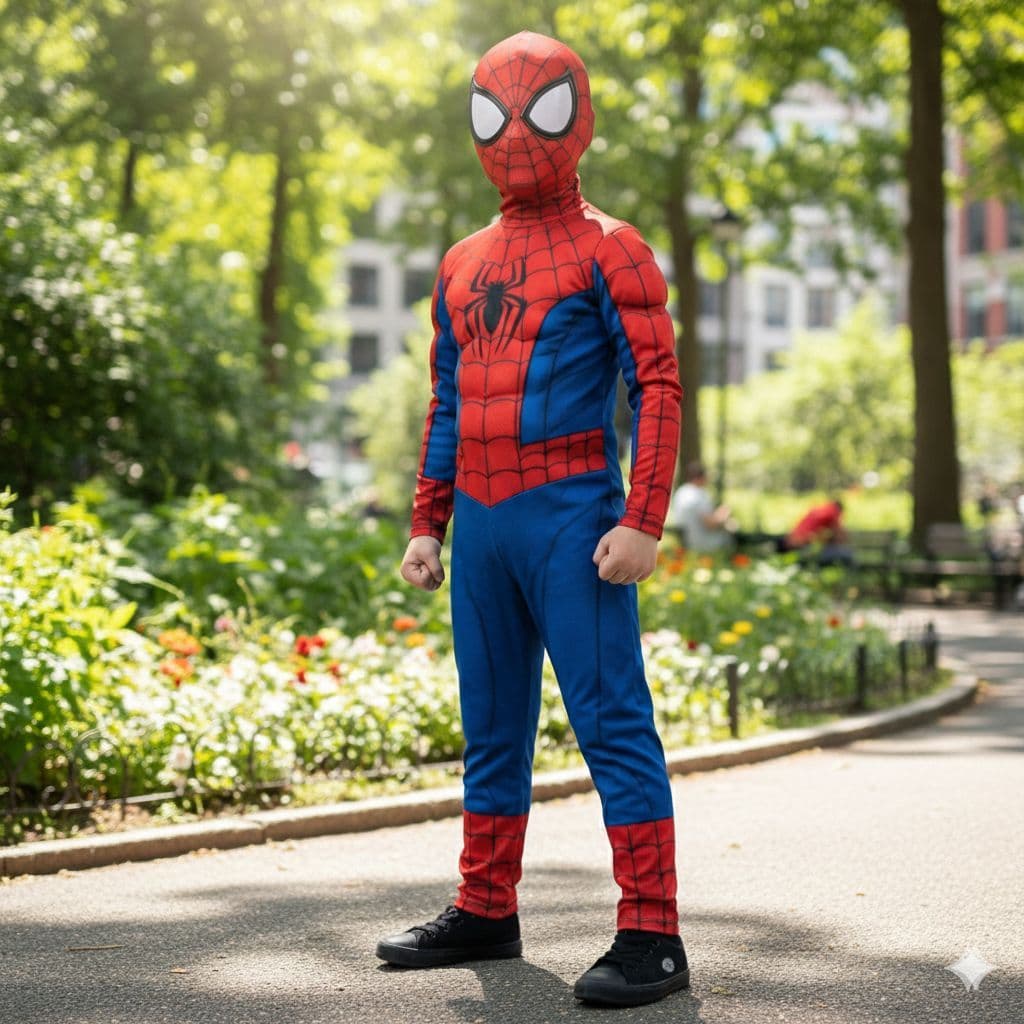 Fantasia Infantil Com Músculos Homem Aranha E Máscara De Pano Herói