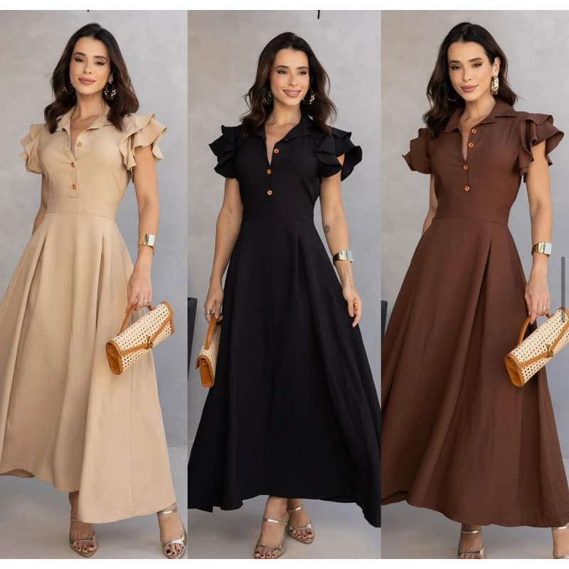 Vestido Feminino Longo Manga curta babado Moda Evangelica botões Moda 2026 Casual Elegante Viscolinho