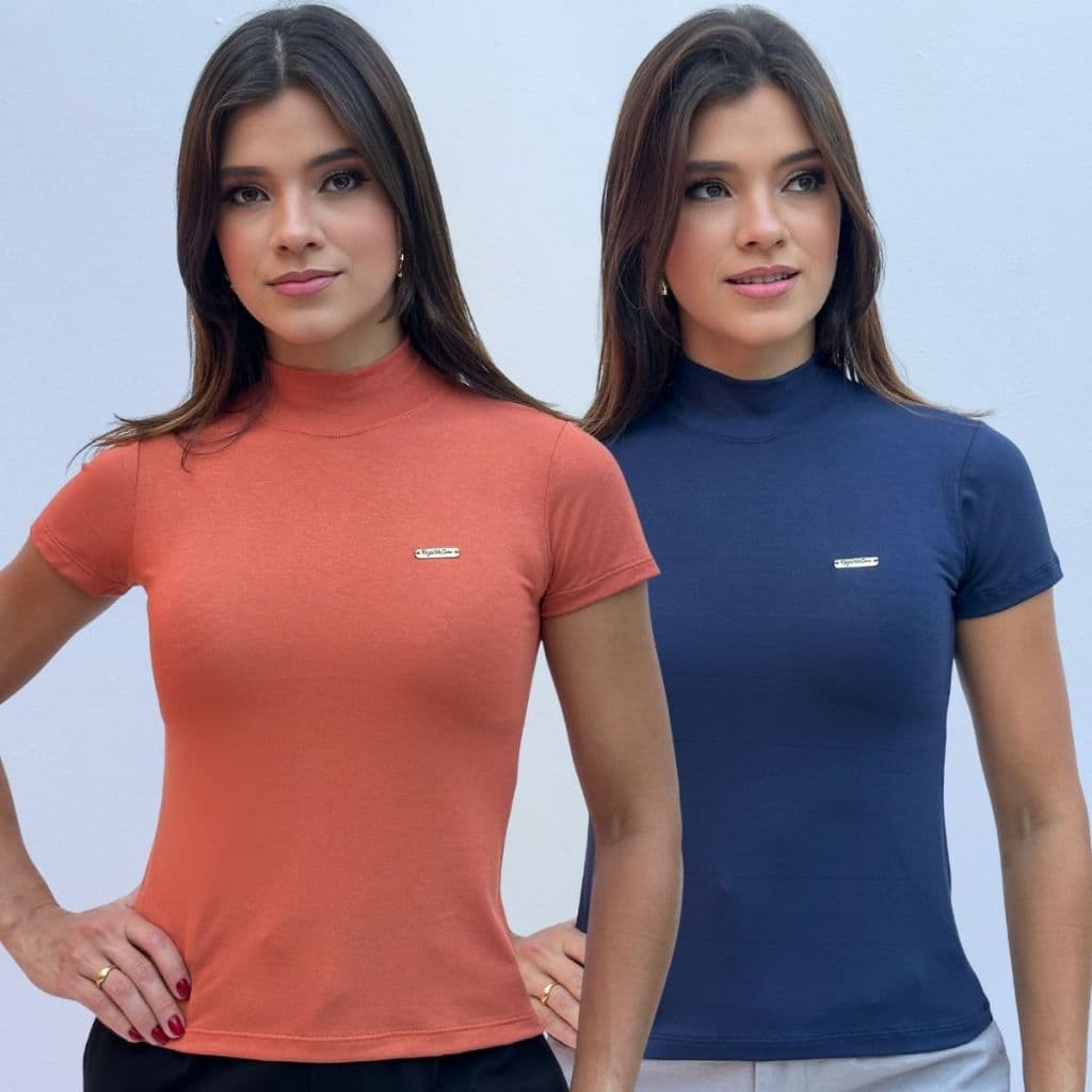 Kit Blusa Gola Alta Baby Look Feminina Tecido Viscolycra Manga Curta Confortável Básica e Elegante