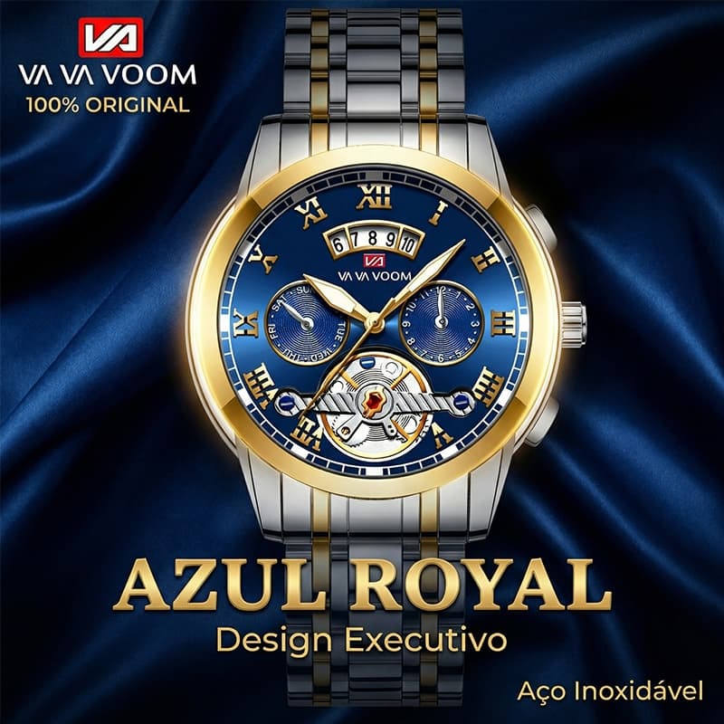 Relógio Masculino Azul Royal e Dourado VAVA VOOM 2453 Original Social Negócios Presente De Luxo