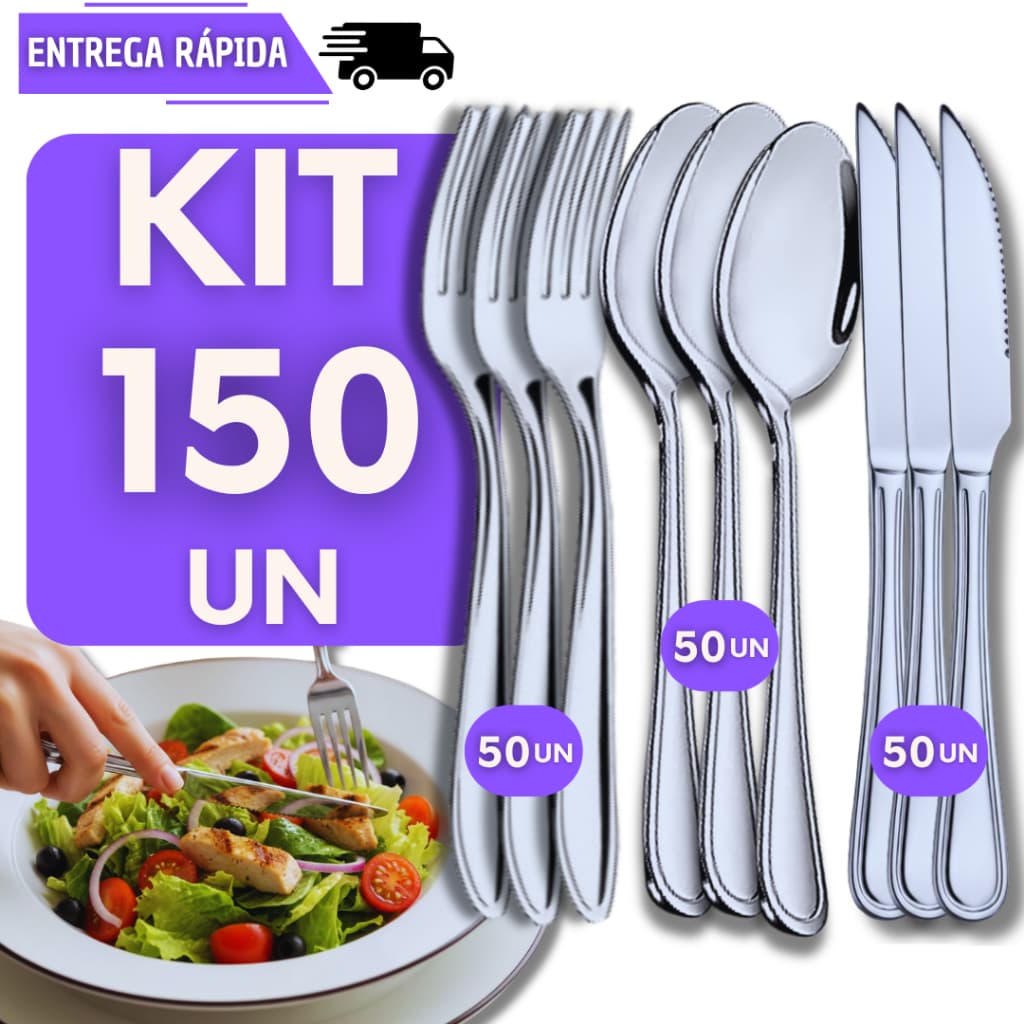 KIT 150 Talheres Inox 50 Facas 50 Garfos 50 Colheres Restaurantes Buffet Cozinha Faca Garfo Colher
