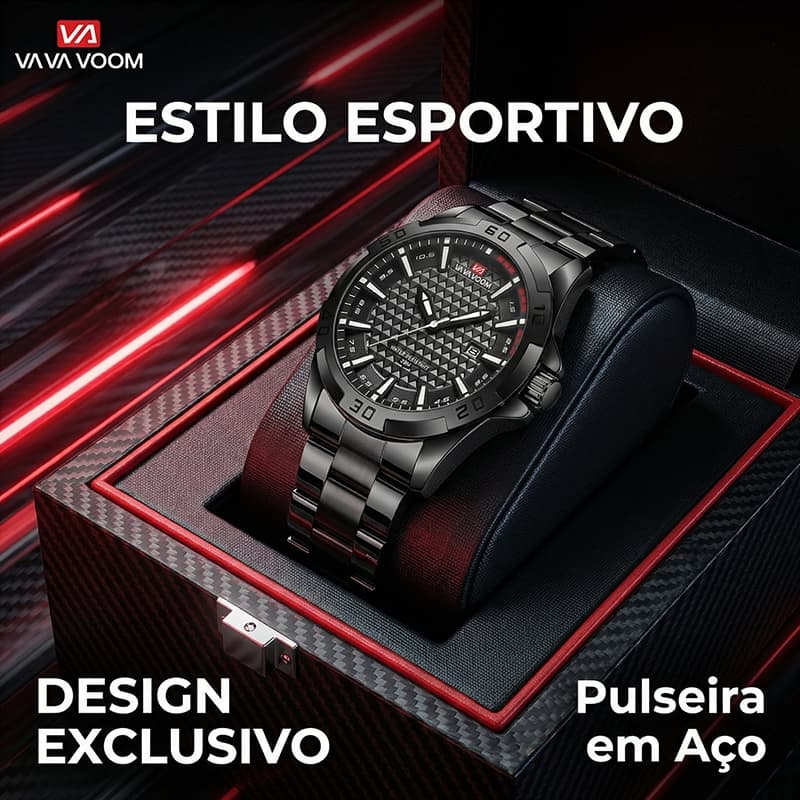 Relógio Masculino VAVA VOOM 2581 Aço Inoxidável Textura 3D Luxo Esportivo Com Caixa