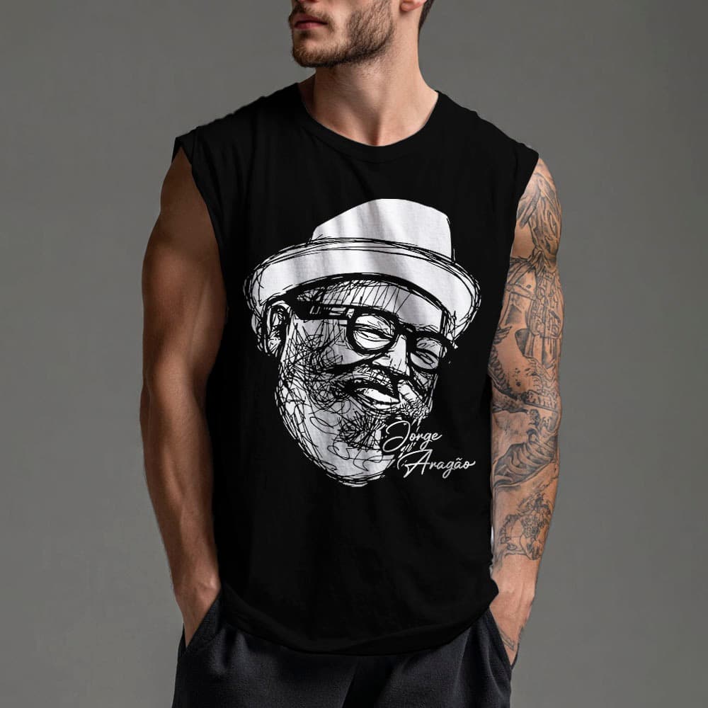 camiseta regata arte vintage machão oversized jorge aragão musico brasileiro samba carnaval