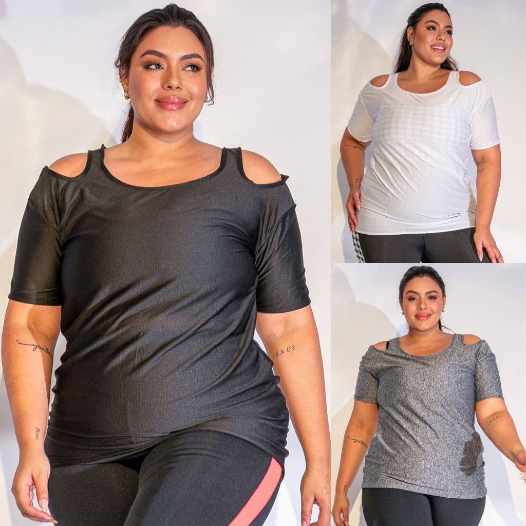 Blusa Fitness Feminina Plus Size DryFit Furadinho Seca Rápido Recortes Nos Ombro Respirável Oferta
