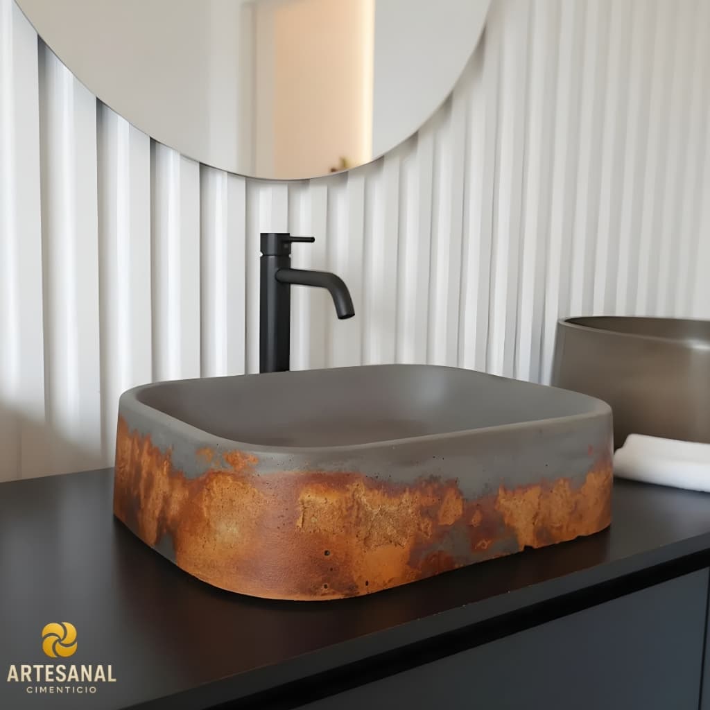 Cuba De Apoio Pia Artesanal Retangular 37x27x9 Em Cimento Banheiro Lavabo Design Moderno Rústico