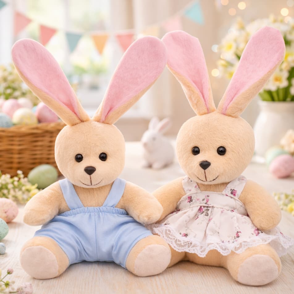 Casal de Coelhos de Pelúcia Páscoa – Decoração e Presente Infantil