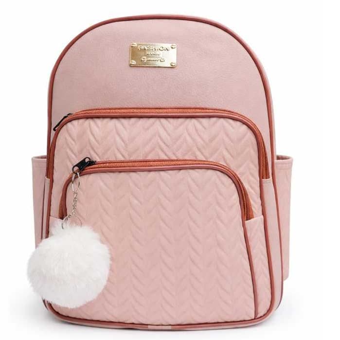 Mochila Feminina Casual Elegante Textura y Llavero Pom Pom Duas Bolsos Frontales Com  Bolso Lateral
