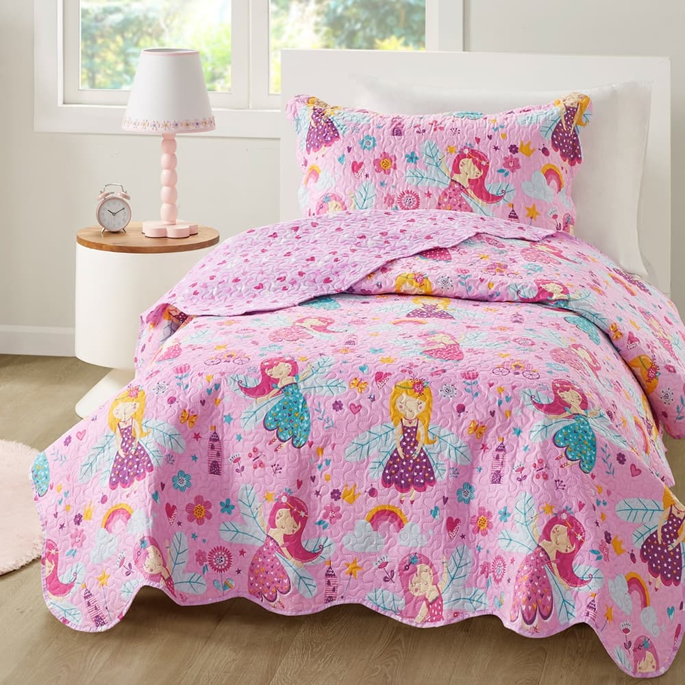 Cobre Leito Colcha Infantil Quarto Menina Delicado Colorido Estampado Fada Fadinha Rosa Com Porta Travesseiro