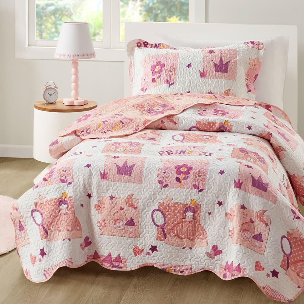 Cobre Leito Colcha Infantil Quarto Menina Delicado Colorido Estampado Princesa Flores Coroa Com Porta Travesseiro