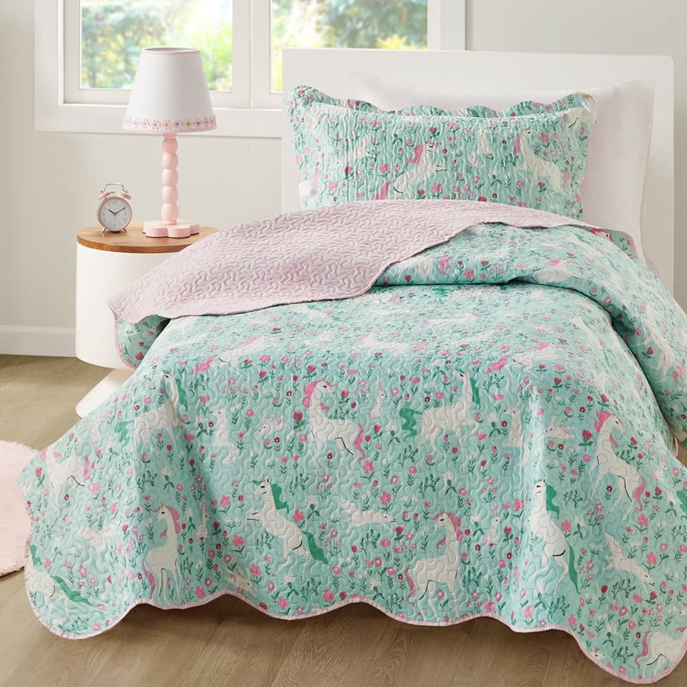 Cobre Leito Colcha Infantil Quarto Menina Delicado Colorido Estampado Unicórnio Verde Com Porta Travesseiro