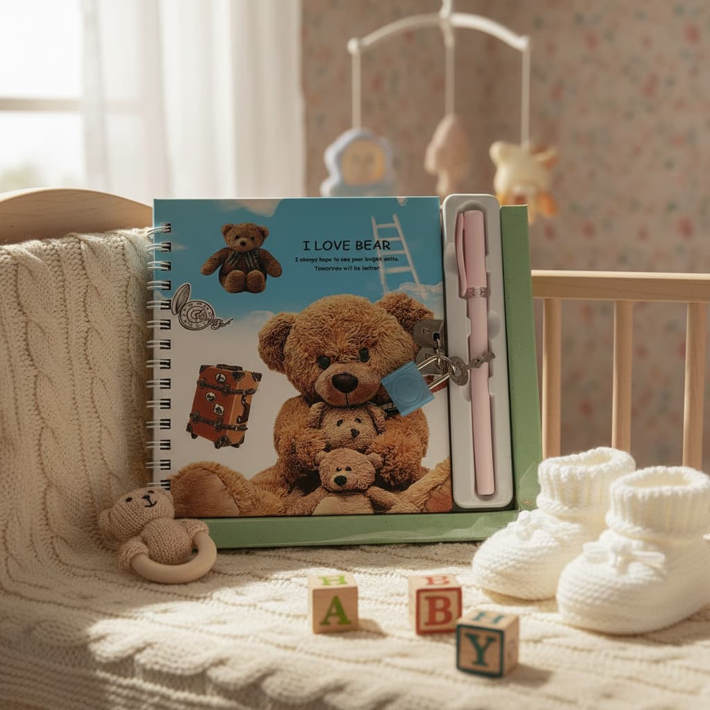 Caderno/Diário com Cadeado e Chave + Caneta – Tema Ursinho (Infantil)