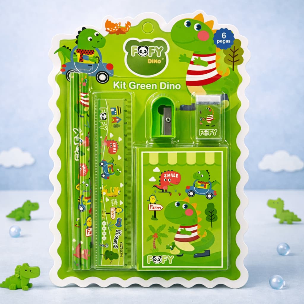 Kit Escolar Infantil Meu Zoológico 6 Peças FOFOY – 2 Lápis + Régua + Apontador + Borracha + Caderninho