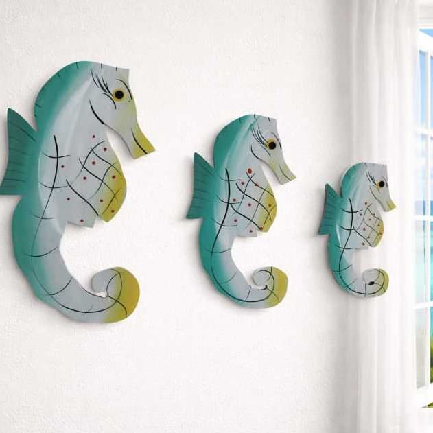 Trio de Cavalo Marinho M Decorativo em MDF - Decoração de Parede Estilo Marítimo
