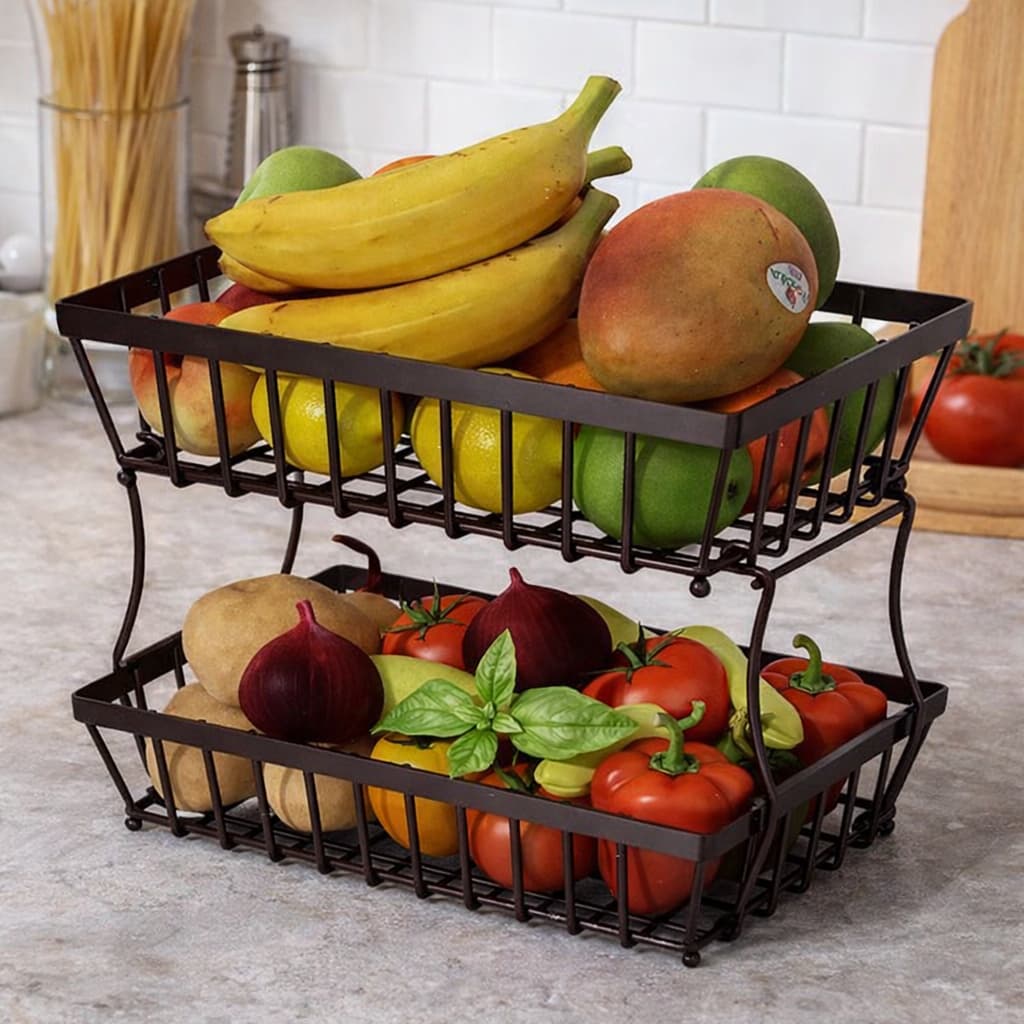 Fruteira Cesto de Mesa Metalica 2 Andares Organizadora Frutas Legumes Preta