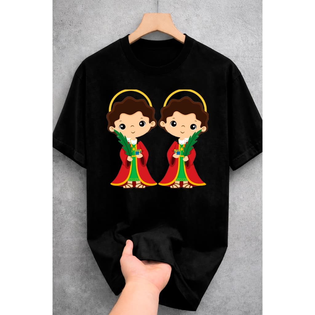 Camiseta Religiosa Cosme e Damião Unissex Algodão Estampada Fé Católica