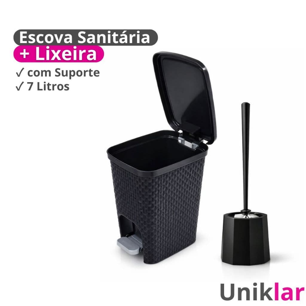 Kit Banheiro Rattan Lixeira 7 Litros Com Pedal E Escova Sanitária