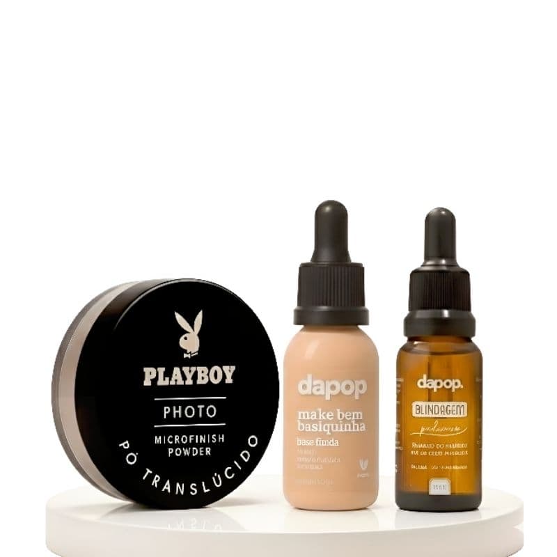 Kit Maquiagem Profissional  Pó Translúcido Microfinish Playboy | Base Vegana Dapop + Blindagem Fixadora -Envio Imediato.