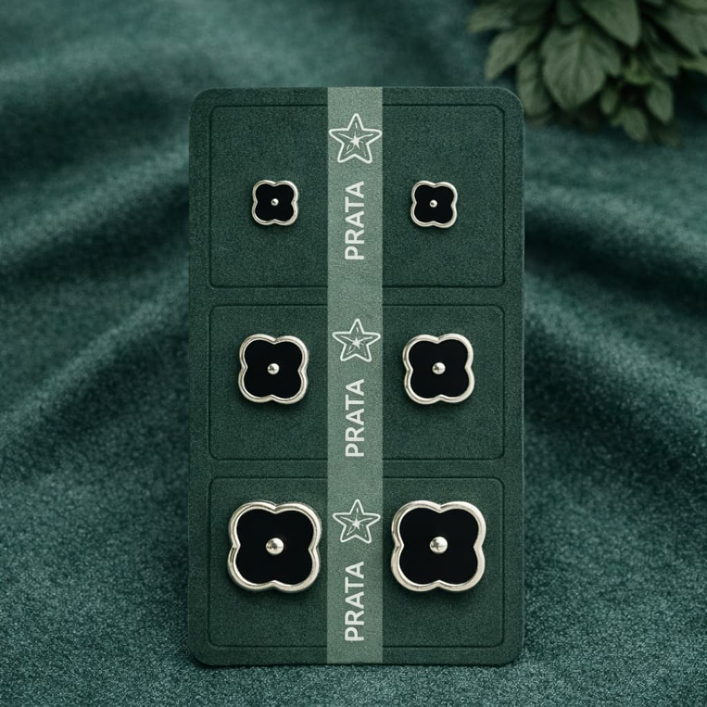 Trio de Brincos Trevo Preto Prata 925