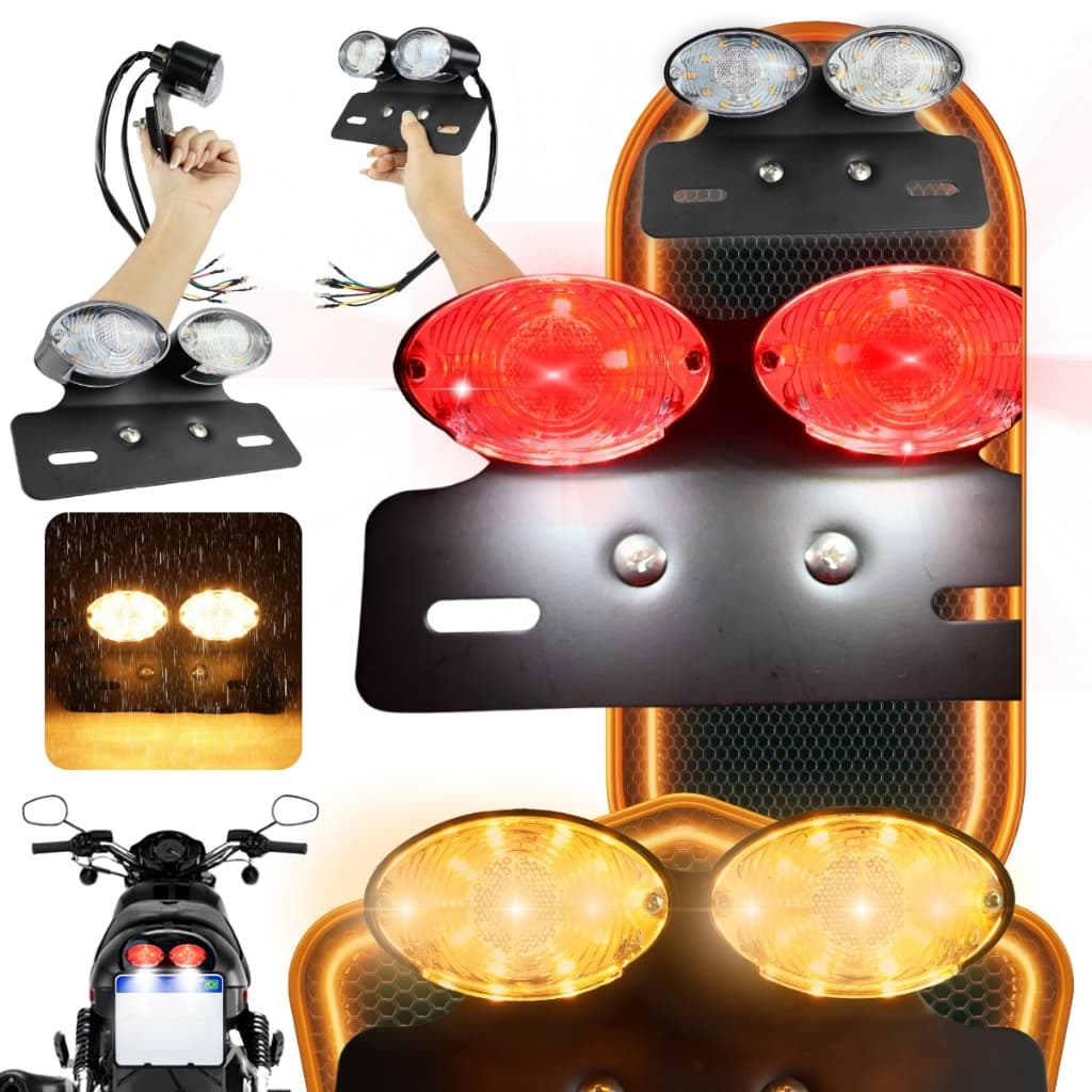 Lanterna Traseira Moto LED Com Piscas Âmbar E Luz De Placa Suporte Universal