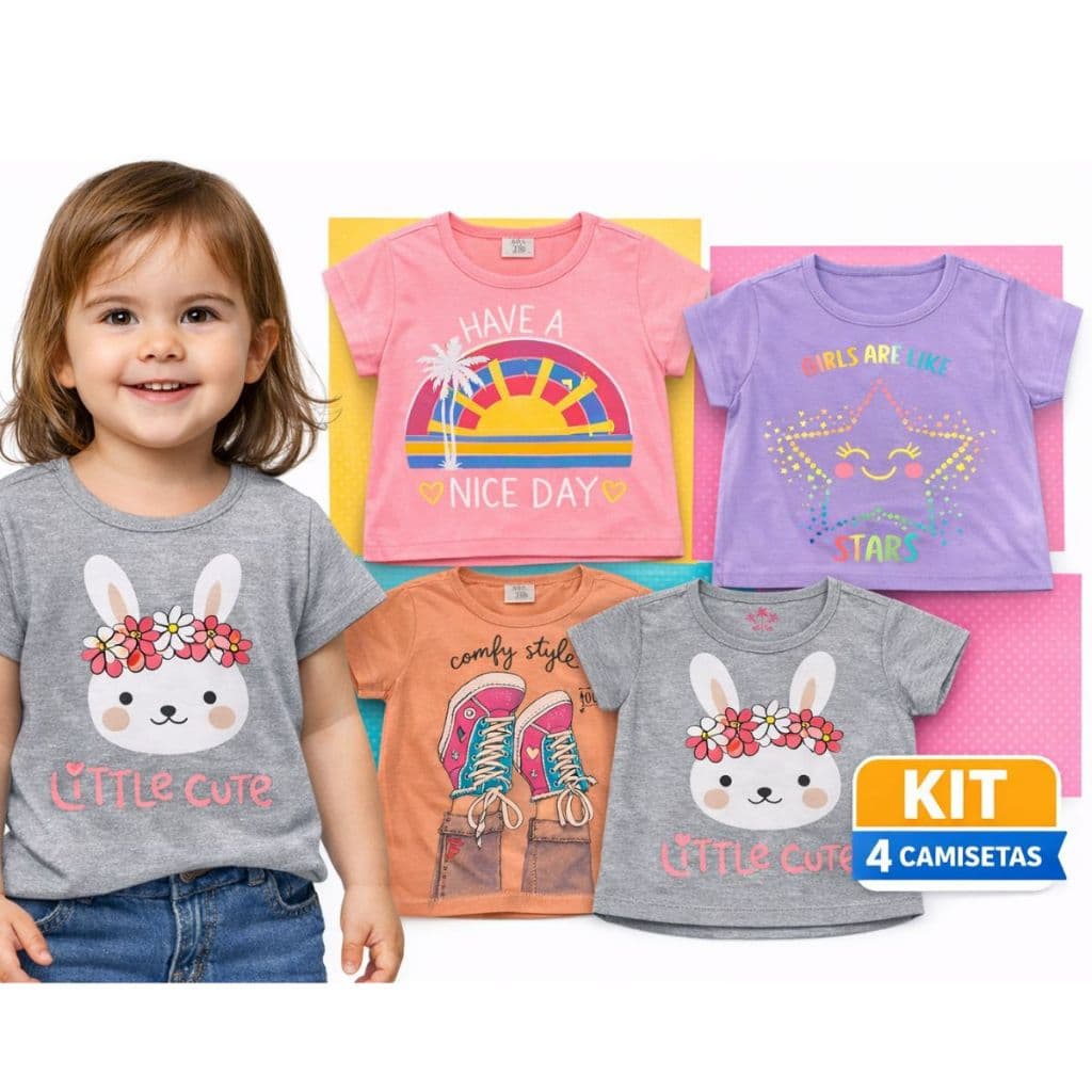 Kit Camiseta Verão Infantil Menina 5 Peças Sortido Veste do 4 ao 12