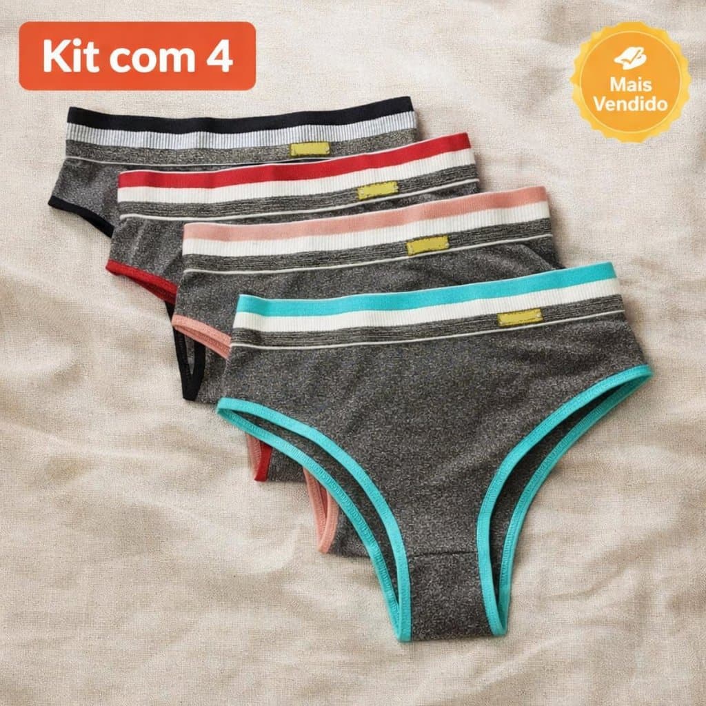 Kit 4 Calcinha Feminina Algodão Mescla Cós Elástico Largo Confortável