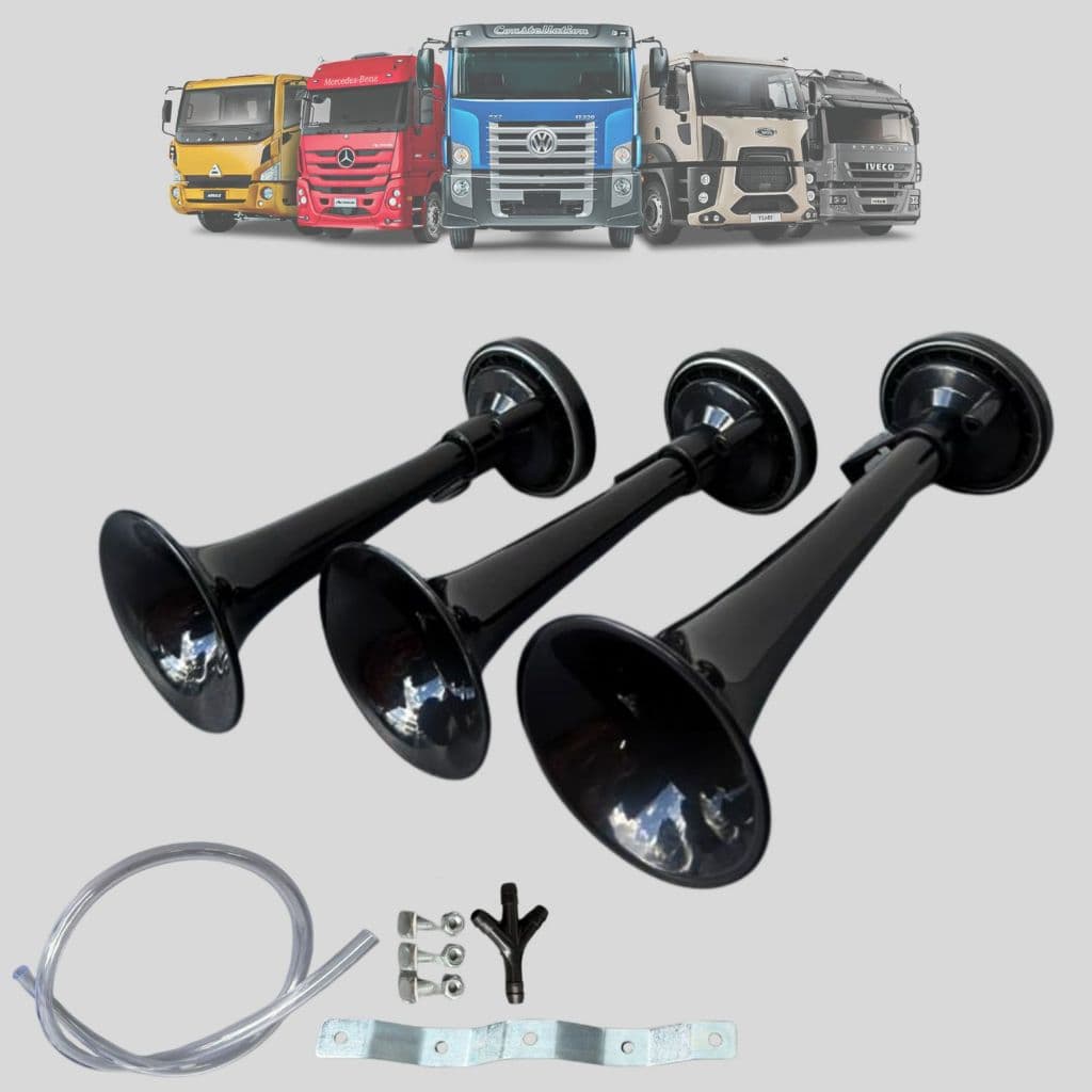 Buzina 3 Cornetas Ar Universal Para Caminhão Carro Verdureiro Preta Automotiva