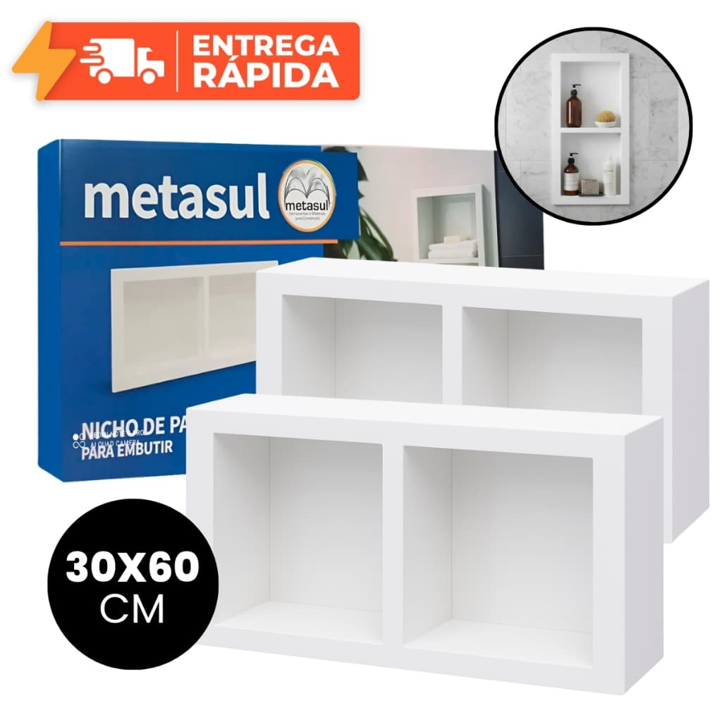 Nicho Para Banheiro Embutir Duplo 30x60 Prateleira Com Divisão Horizontal/Vertical DUO Metasul