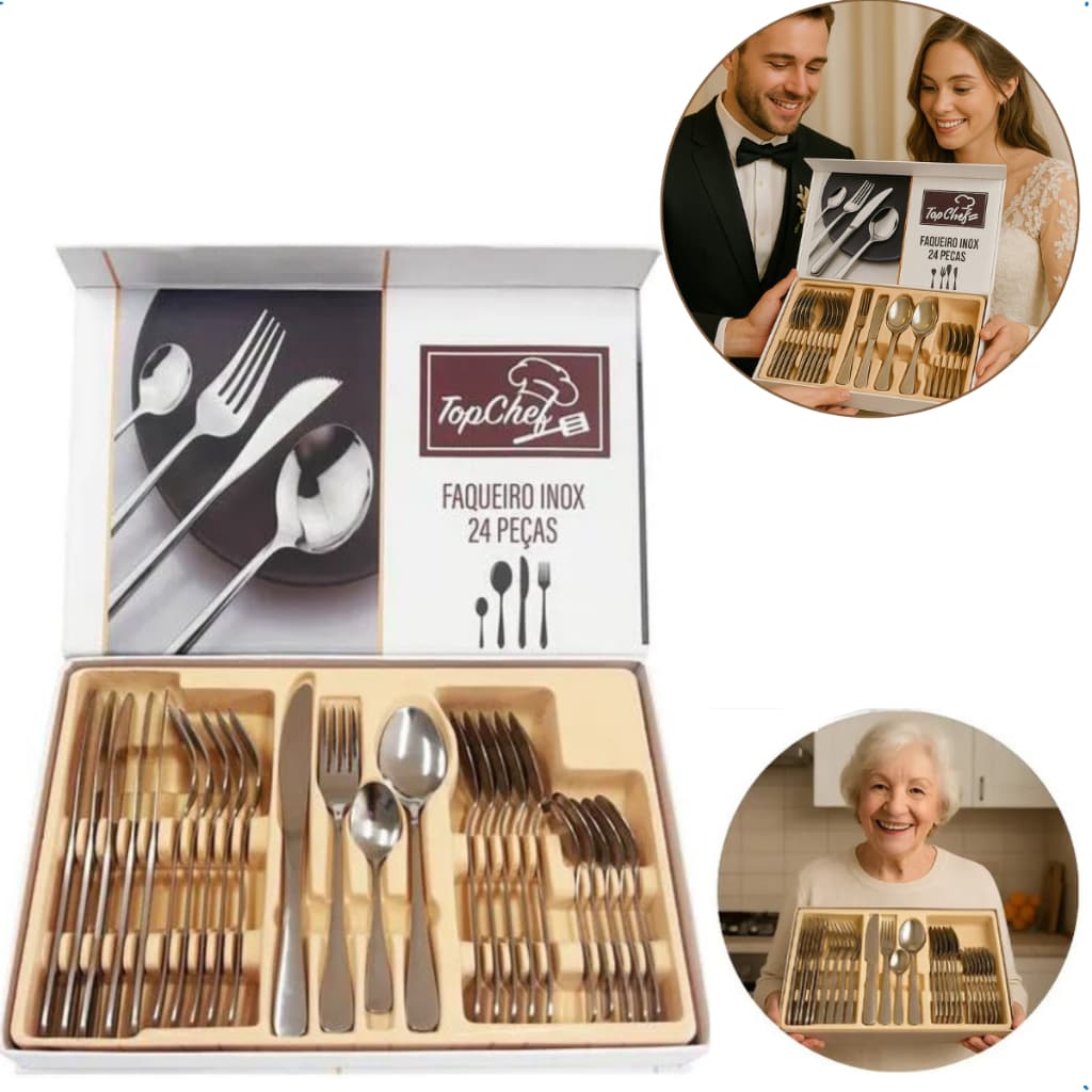 Jogo Talheres 24 Peças Faqueiro Aço Inox Luxo Top Chef Mesa Posta Premium Durável Elegante