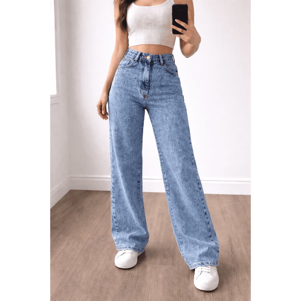 Calça Jeans Wide leg tecido grosso Pantalona Modelagem solta e elegante com