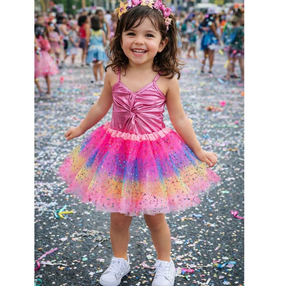 Fantasia Infantil Carnaval Colorida com Body e saia de Tule e Glitter