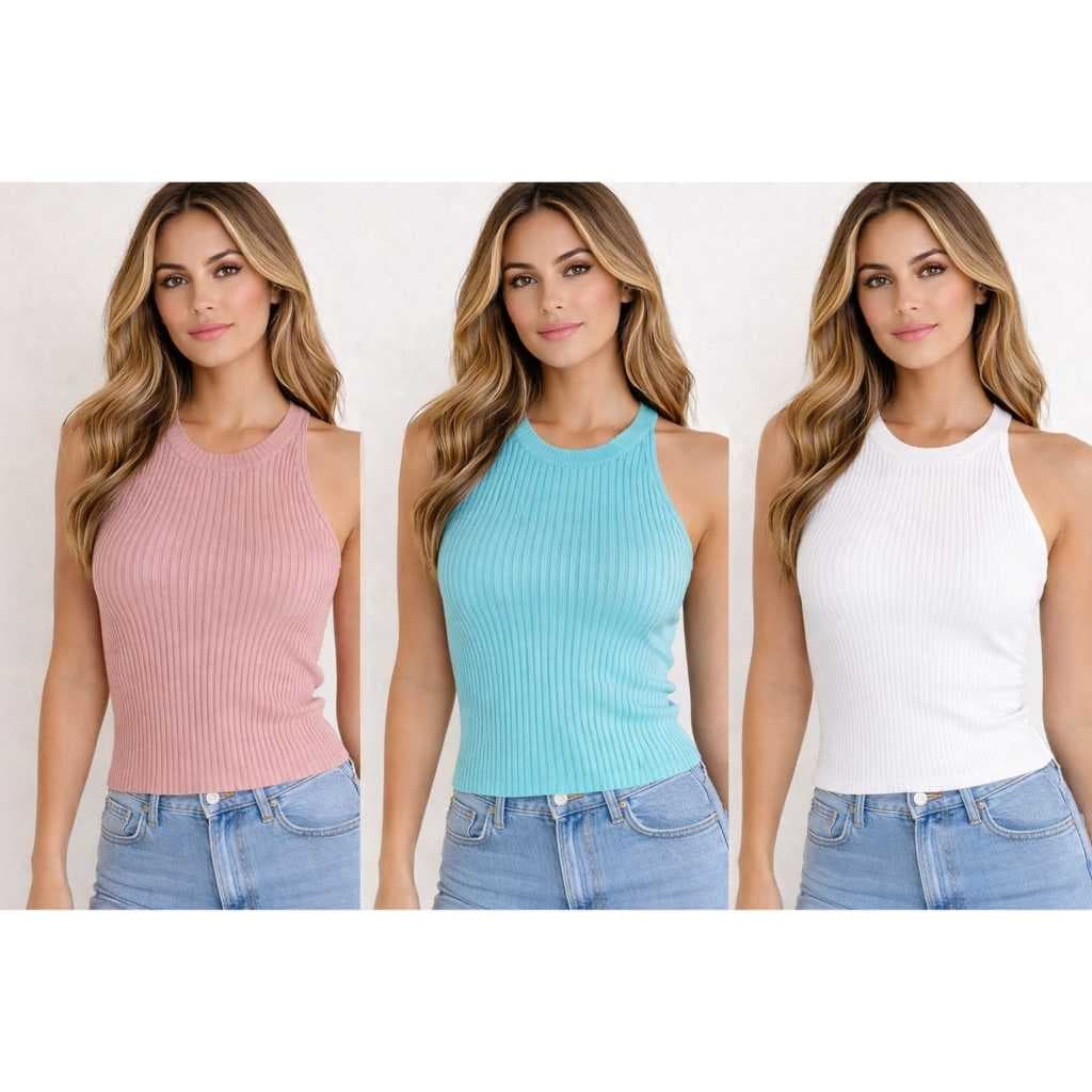 3 Regatas Basicas em Trico Canelado Baby Look